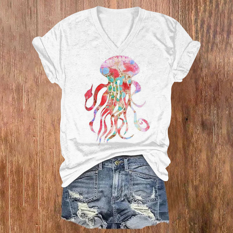 Japanese Pattern Jellyfish Print V-neck T-shirt - White - US32-34(5XL) - image 1