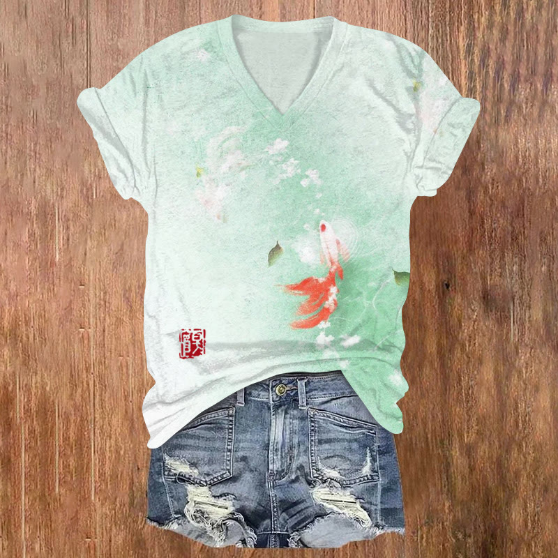 Japanese Style Lotus Pond Koi Print V-neck T-shirt - Light Green - US32-34(5XL) - image 1