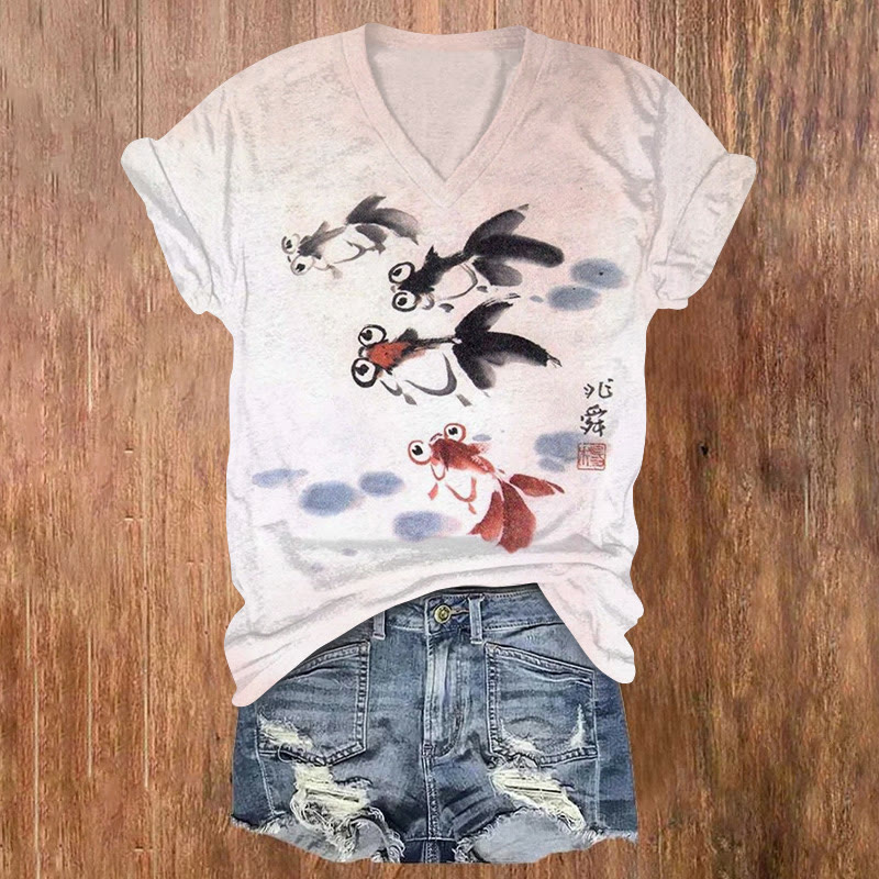 Ugly Japanese Goldfish Print V-neck T-shirt - Light Pink - US32-34(5XL) - image 1