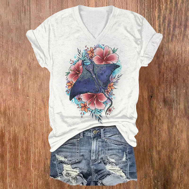 Floral And Ray Print V-neck T-shirt - White - US32-34(5XL) - image 1