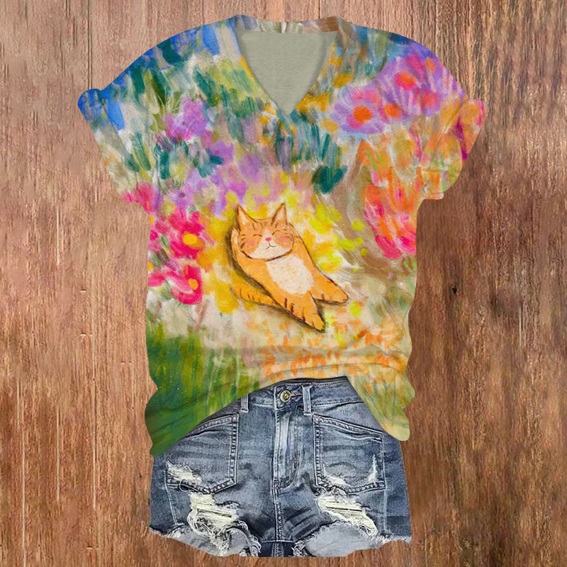 Cat Lying In The Flowers Print V-neck T-shirt - Multicolor - US32-34(5XL) - image 1