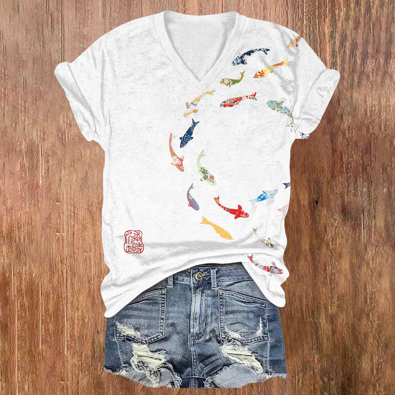 Japanese Pattern Koi Print V-neck T-shirt - White - US32-34(5XL) - image 1