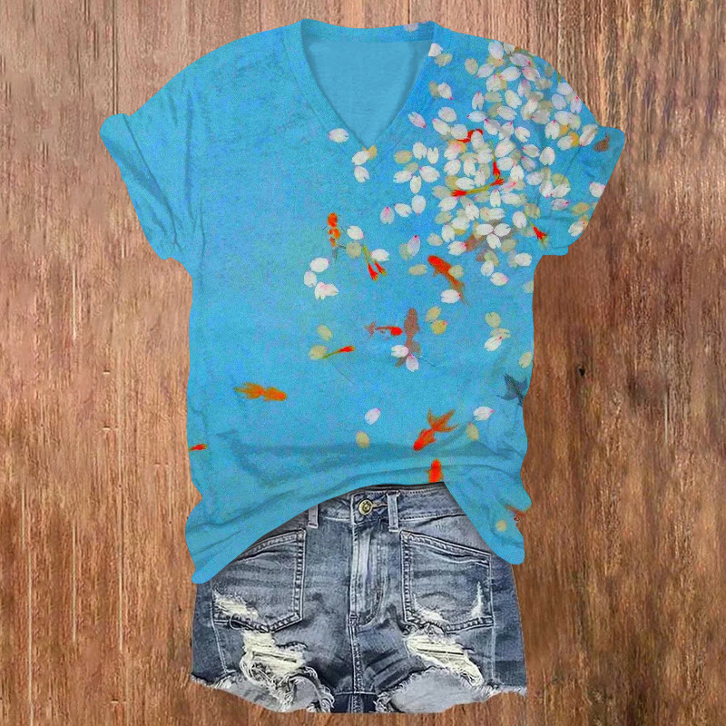 Sakura Petal Koi Print V-neck T-shirt - Blue - US32-34(5XL) - image 1