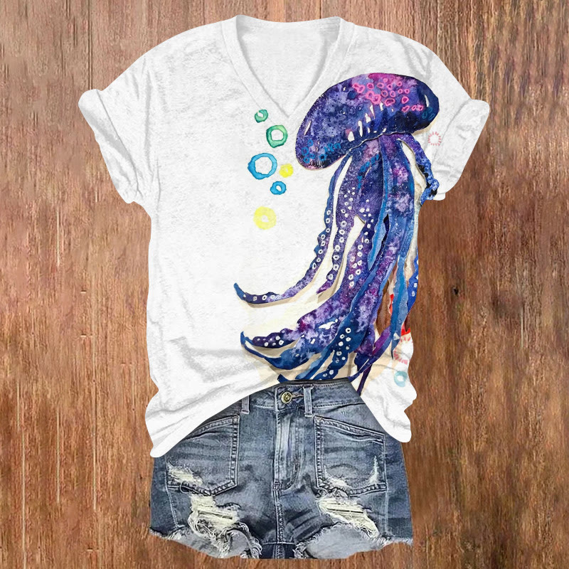 Watercolor Jellyfish Print V-neck T-shirt - White - US32-34(5XL) - image 1