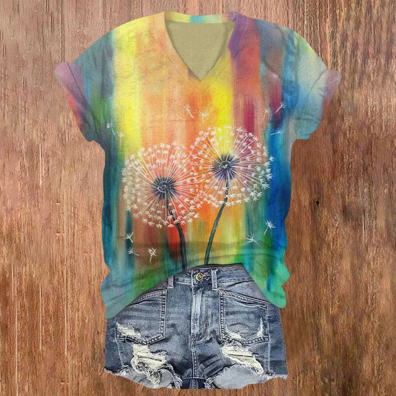 Rainbow Oil Painting Dandelion Print V-neck T-shirt - Multicolor - US32-34(5XL) - image 1