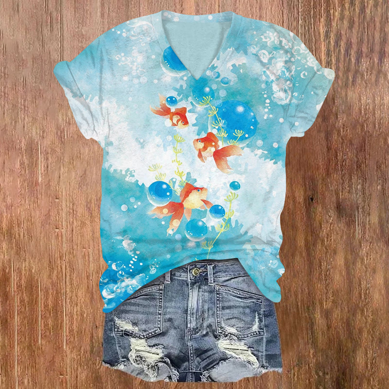 Contrast Watercolor Goldfish Print V-neck T-shirt - Sky Blue - US32-34(5XL) - image 1