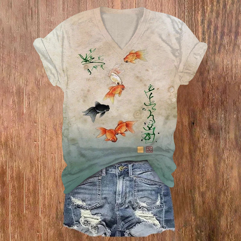 Vintage Contrasting Goldfish Print V-neck T-shirt - Khaki - US32-34(5XL) - image 1