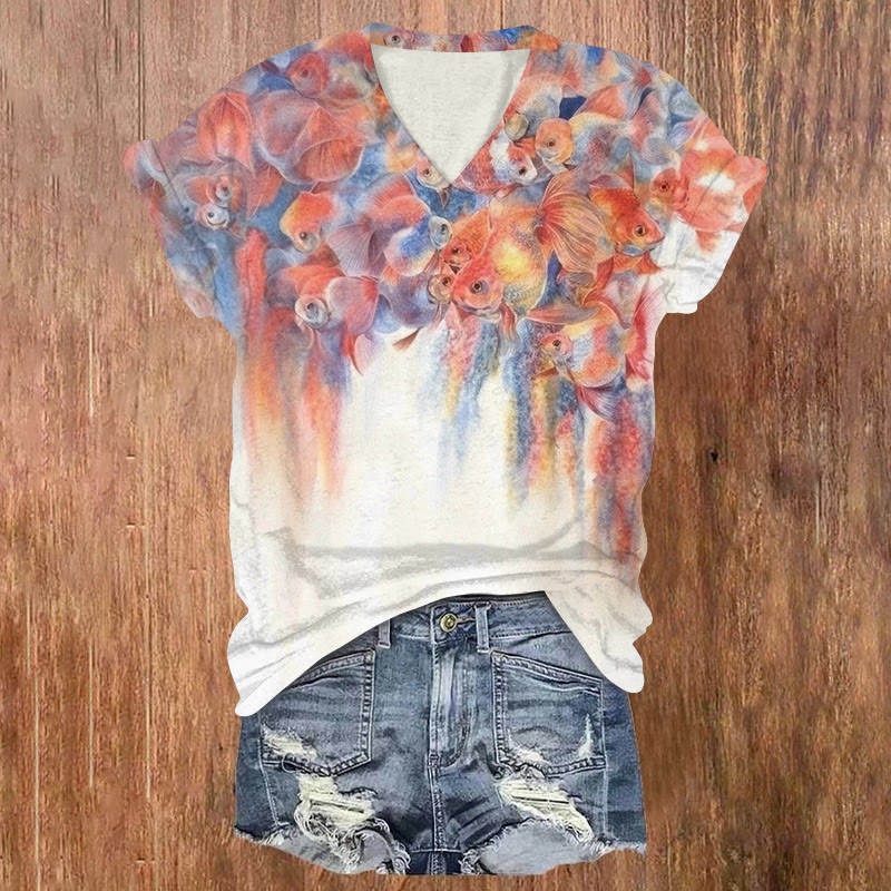 Watercolor Goldfish Smudge Print V-neck T-shirt - Red - US32-34(5XL) - image 1