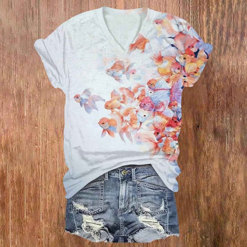 Watercolor Group Of Goldfish Print V-neck T-shirt - Light Blue - US32-34(5XL) - image 1
