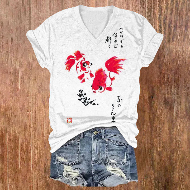 Watercolor Beautiful Goldfish Print V-neck T-shirt - White - US32-34(5XL) - image 1