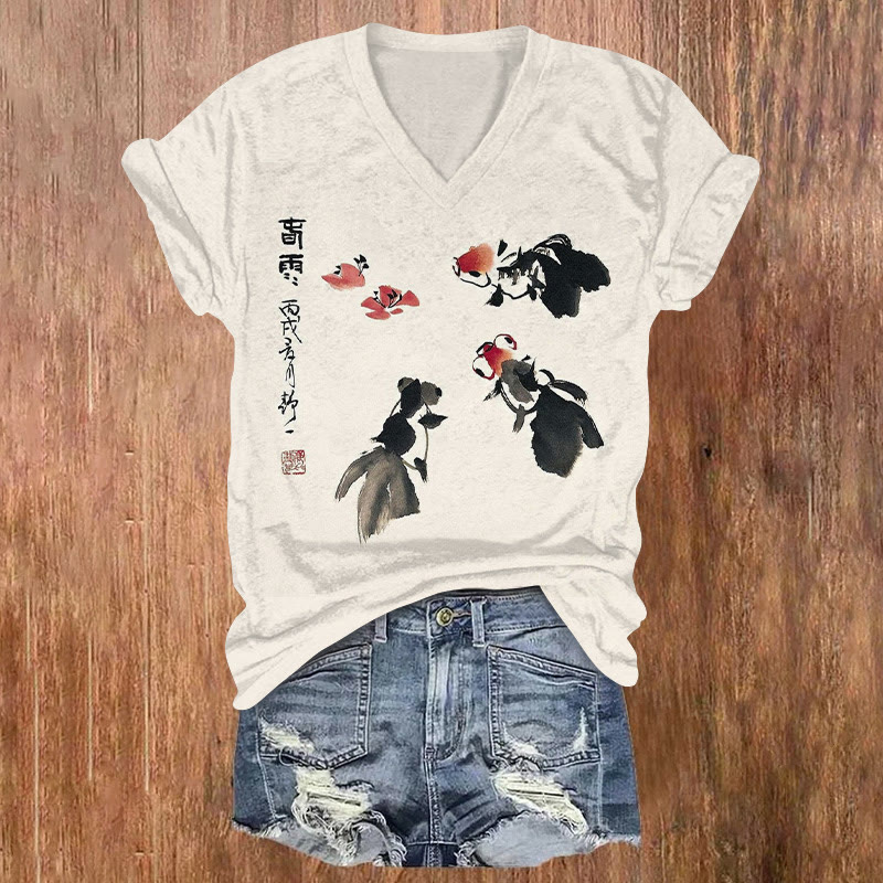 Ink Ugly Goldfish Print V-neck T-shirt - Apricot - US32-34(5XL) - image 1