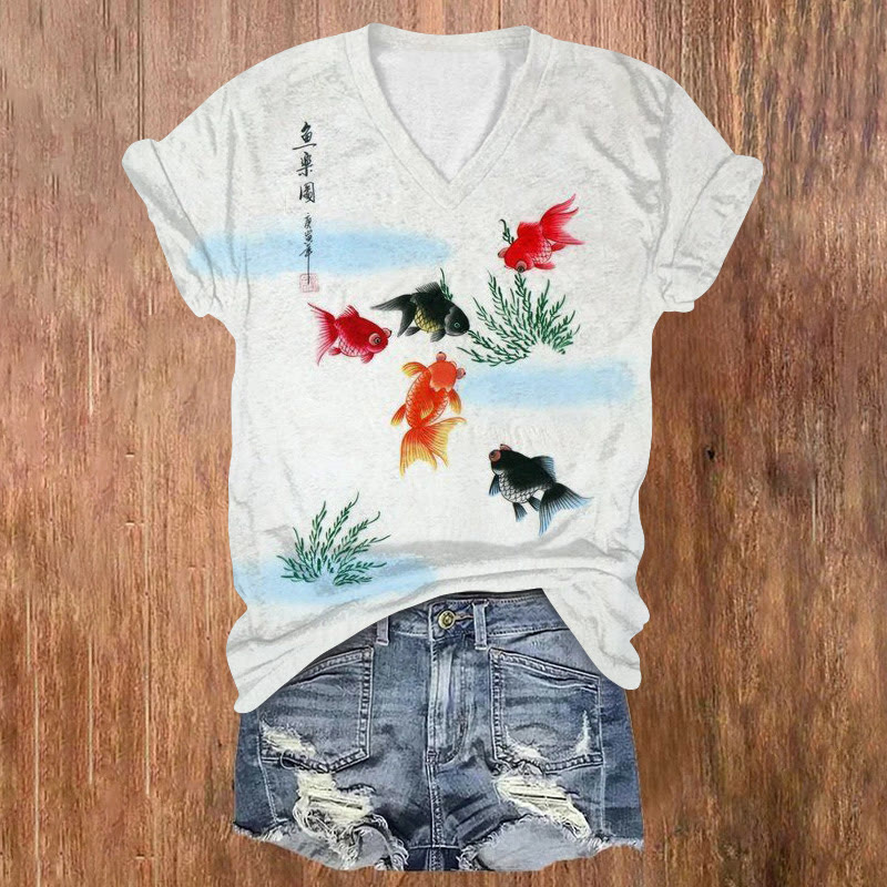 Goldfish Paradise Print V-neck T-shirt - Light Gray - US32-34(5XL) - image 1