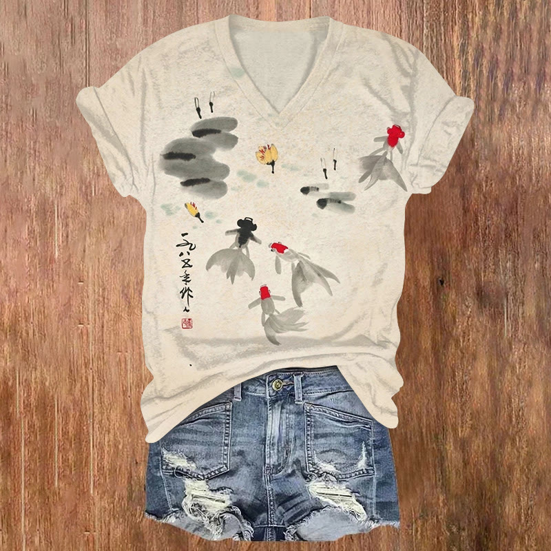 Vintage Ink Goldfish Print V-neck T-shirt - Apricot - US32-34(5XL) - image 1
