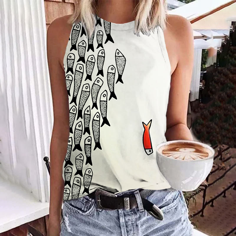 Cute Simple Lines Abstract Geometric Fish Art Print Crew Neck Tank Top - White - 5XL - image 1