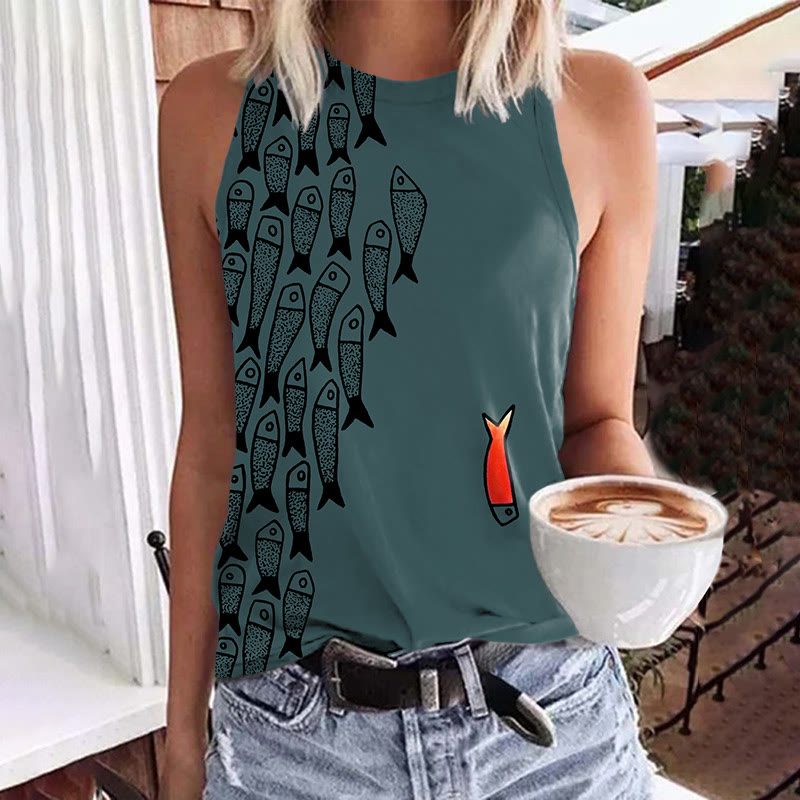 Cute Simple Lines Abstract Geometric Fish Art Print Crew Neck Tank Top - Dark Green - 5XL - image 4