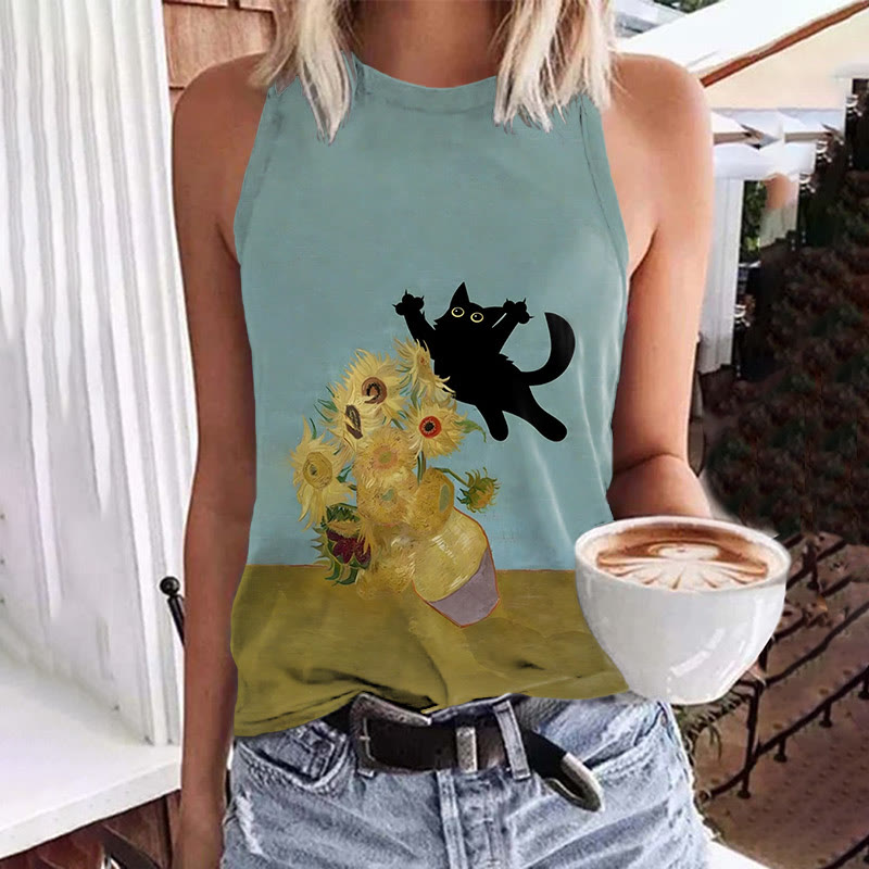 Funny Van Gogh Sunflower And Black Cat Print Crew Neck Tank Top - Blue - 5XL - image 1