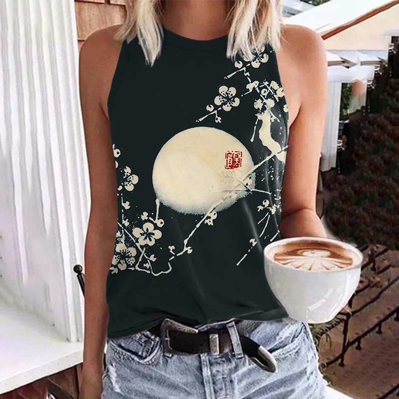 Plum Blossom & Moon Japanese Art Print Crew Neck Tank Top - Black - 5XL - image 1