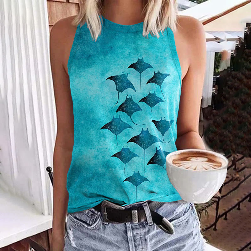 Vintage Manta Ray Art Print Crew Neck Tank Top - Lake Blue - 5XL - image 1