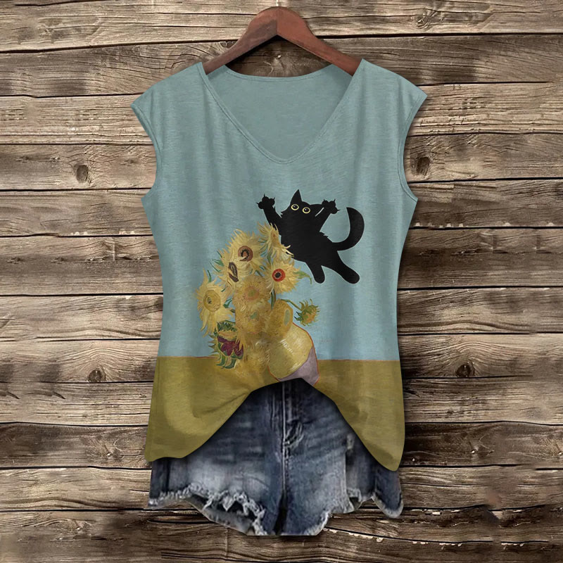 Funny Van Gogh Sunflower And Black Cat Print V Neck Casual Tank Top - Blue - 5XL - image 1