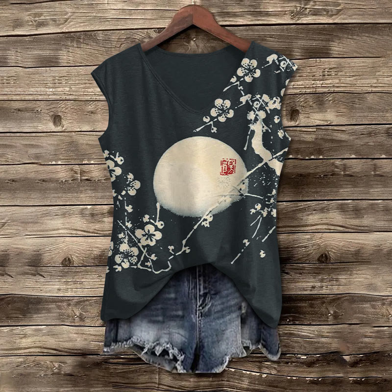 Plum Blossom & Moon Japanese Art Print V Neck Casual Tank Top - Black - 5XL - image 1