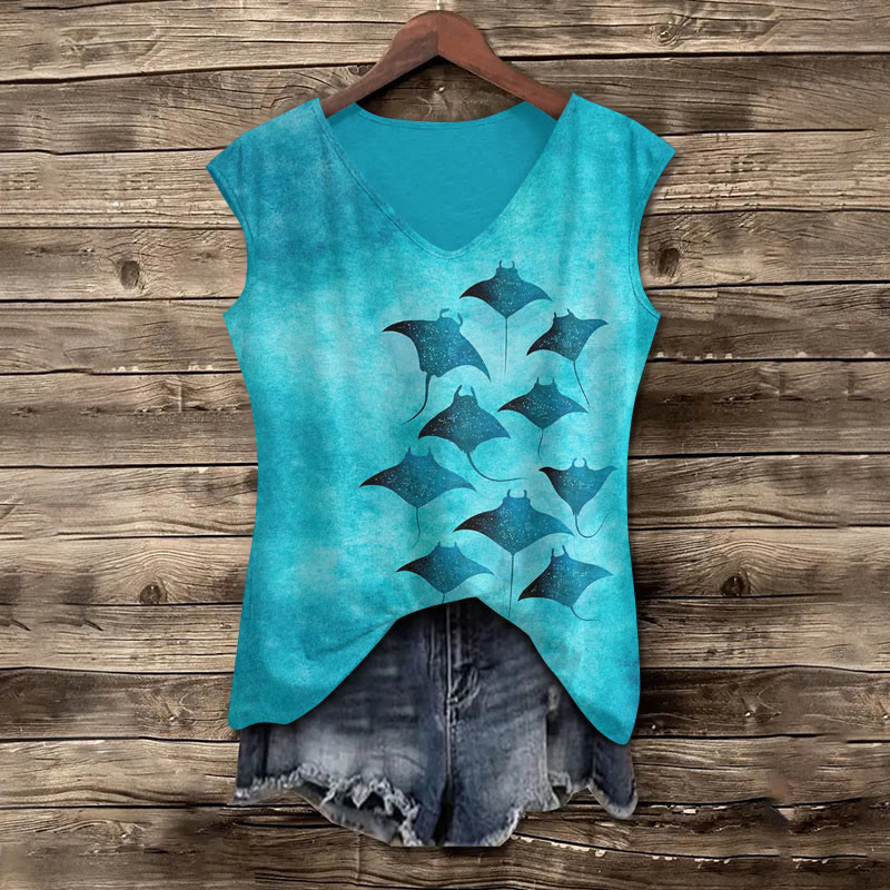 Vintage Manta Ray Art Print V Neck Casual Tank Top - Lake Blue - 5XL - image 1