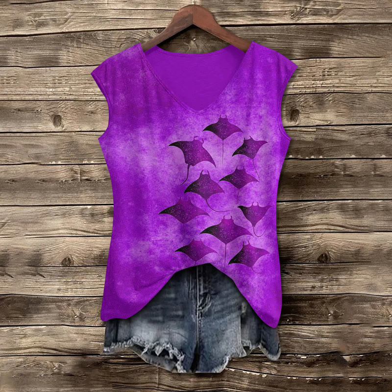 Vintage Manta Ray Art Print V Neck Casual Tank Top - Purple - 5XL - image 3
