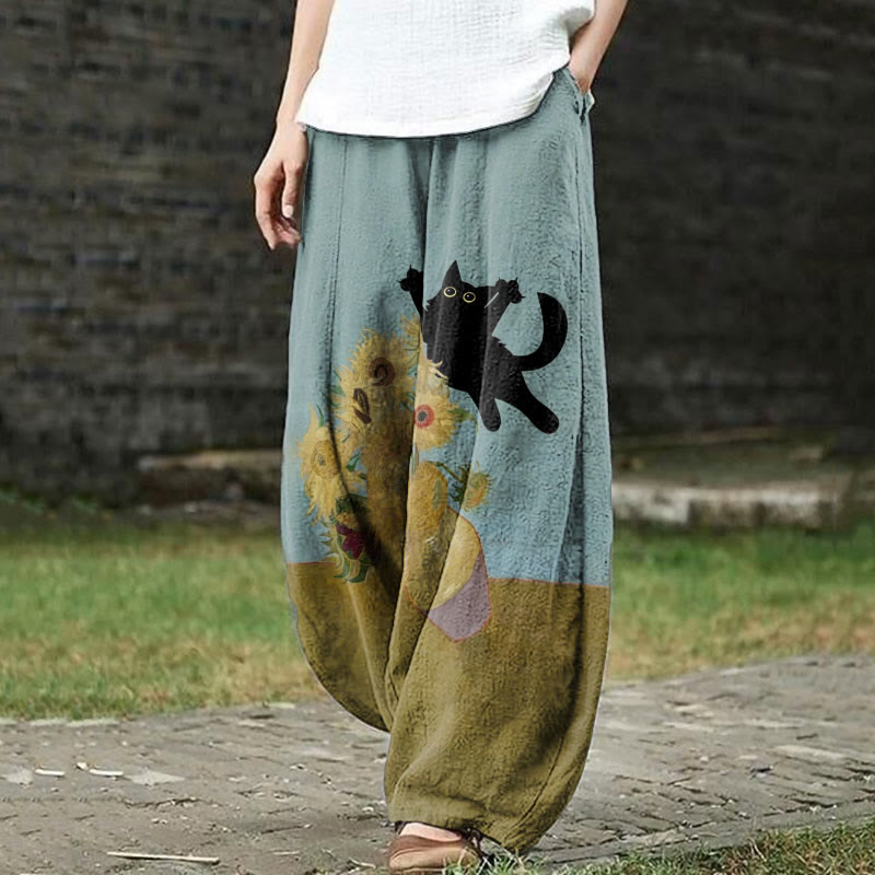 Funny Van Gogh Sunflower And Black Cat Print Casual Pants - Blue - US18(5XL) - image 1