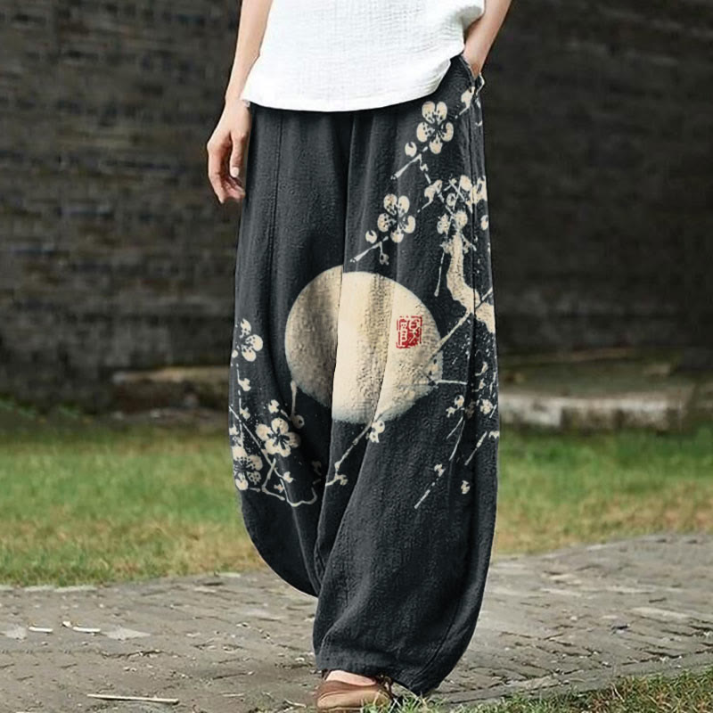Plum Blossom & Moon Japanese Art Print Casual Pants - Black - US18(5XL) - image 1