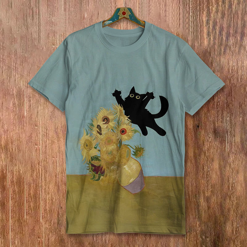Funny Van Gogh Sunflower And Black Cat Art Print Men's Casual T-shirt - Blue - 8XL - image 1