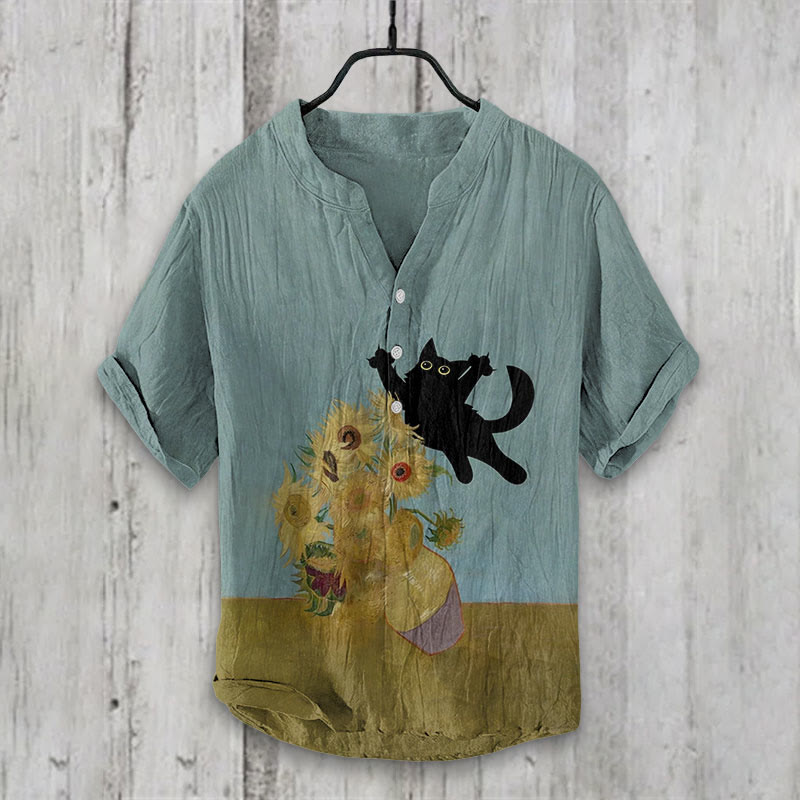 Funny Van Gogh Sunflower And Black Cat Print Shirt - Blue - 5XL - image 1