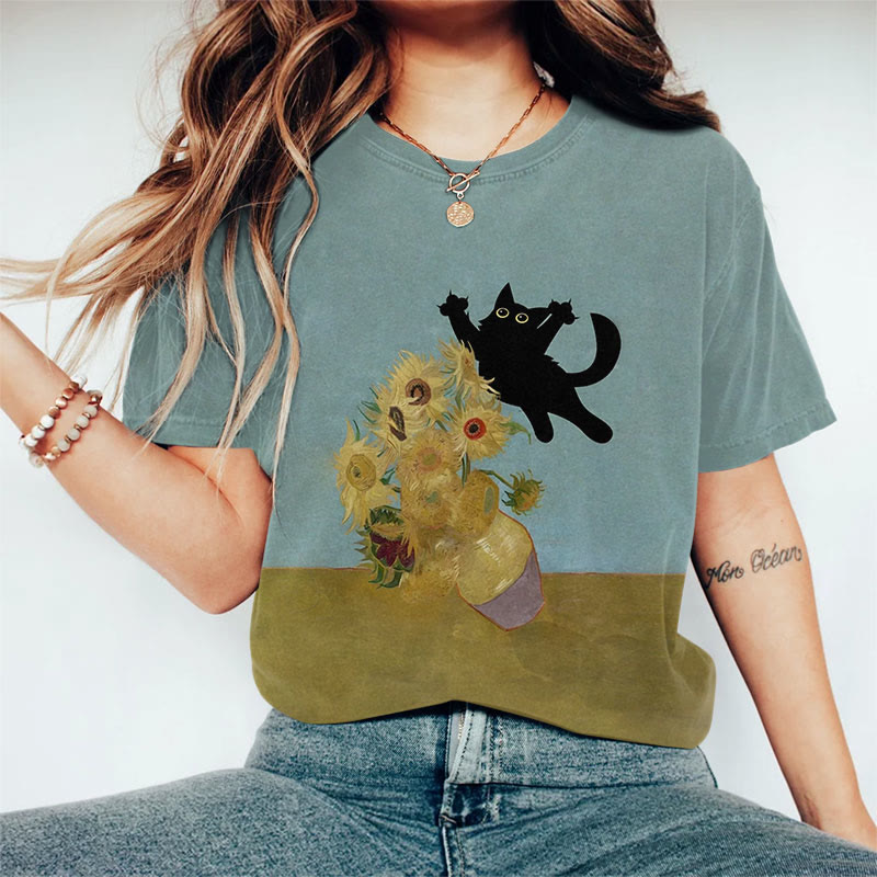 Funny Van Gogh Sunflower And Black Cat Print Casaul T-shirt - Blue - US44-46(8XL) - image 1
