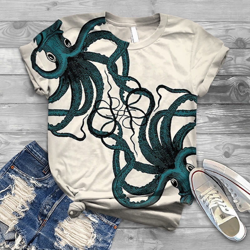 Vintage Oil Painting Octopus Print Casaul T-shirt - Apricot - US44-46(8XL) - image 1