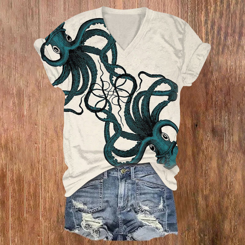 Vintage Oil Painting Octopus Print V-neck T-shirt - Apricot - US32-34(5XL) - image 1