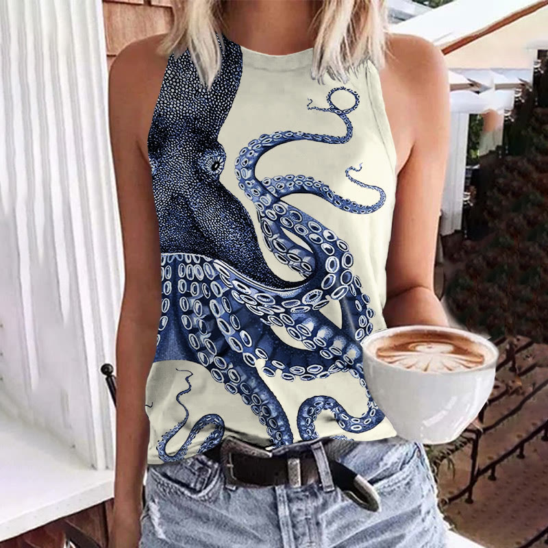 Japanese Art Octopus Graphic Print Crew Neck Tank Top - Beige - 5XL - image 1