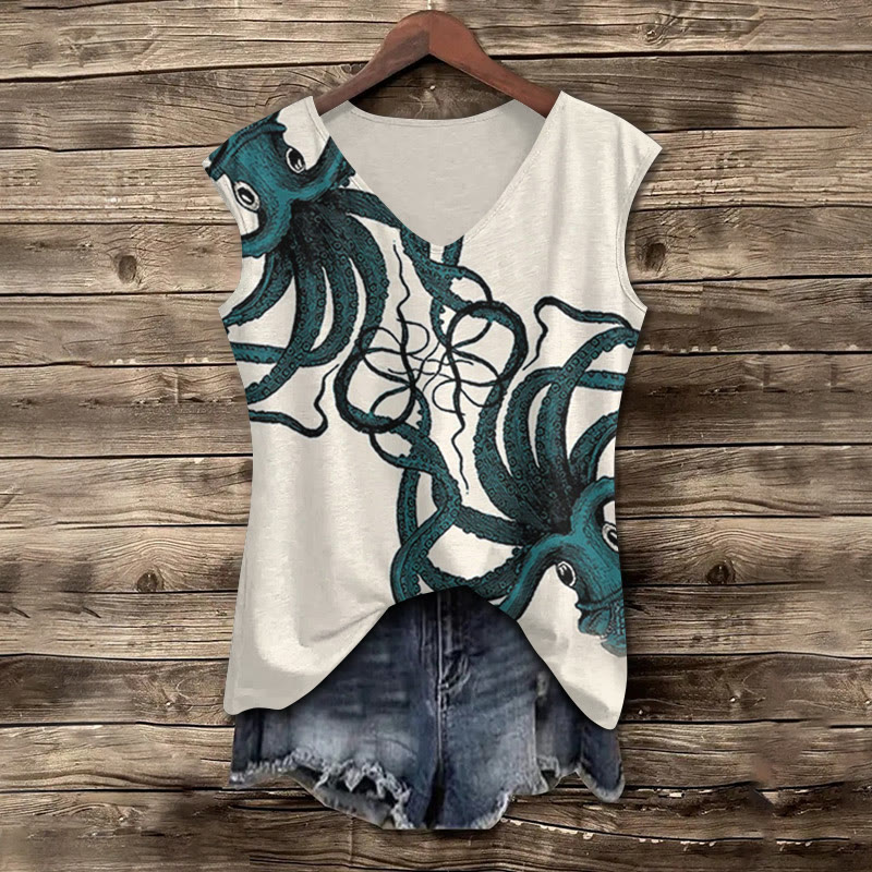 Vintage Oil Painting Octopus Print V-neck Tank Top - Beige - 5XL - image 1