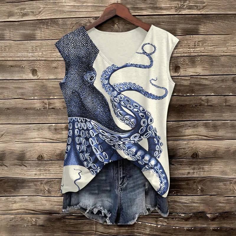 Japanese Art Octopus Graphic Print V-neck Tank Top - Beige - 5XL - image 1