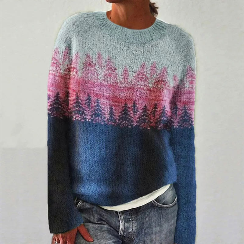 Color Block Forest Crew Neck Women's Casual Pullover Sweater - Blue - 5XL - image 3