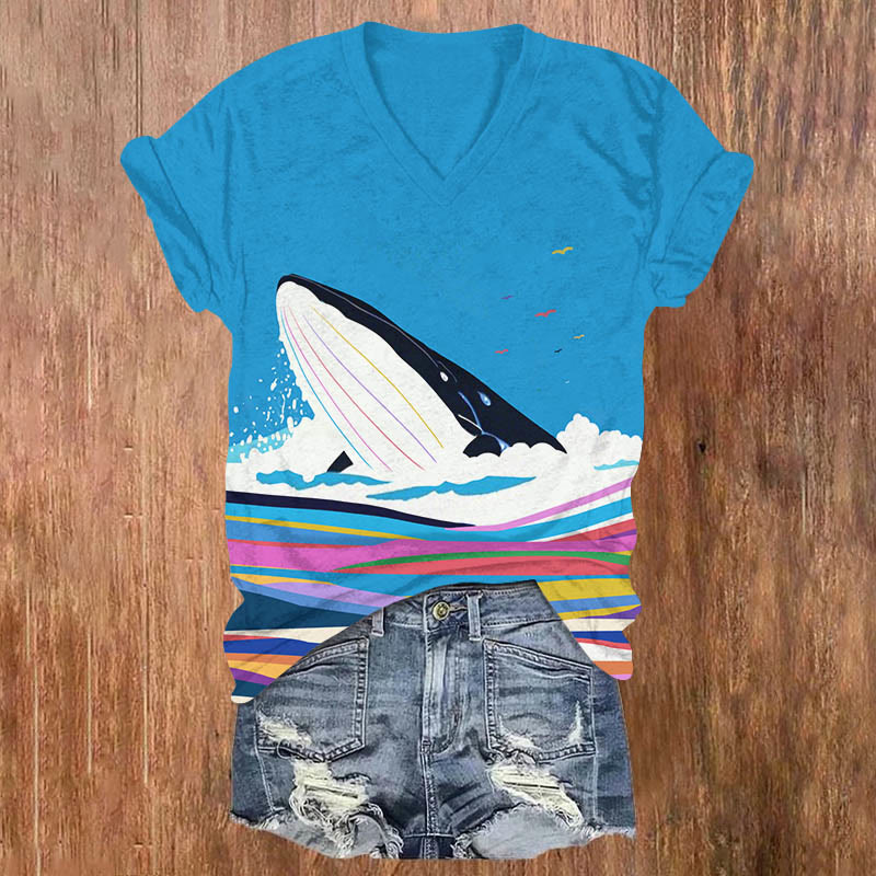 Creative Rainbow Wave Seagull & Whale Art Print V-neck T-shirt - Blue - US32-34(5XL) - image 1