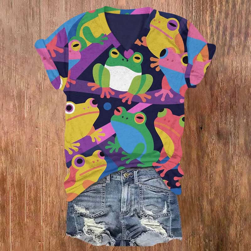 Lovely Rainbow Frogs Art Print V-neck T-shirt - Multicolor - US32-34(5XL) - image 1