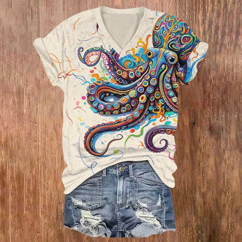 Vintage Rainbow Octopus Art Print V-neck T-shirt - Apricot - US32-34(5XL) - image 1
