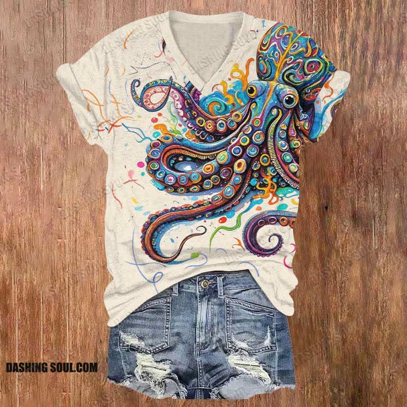 Vintage Rainbow Octopus Art Print V-neck T-shirt