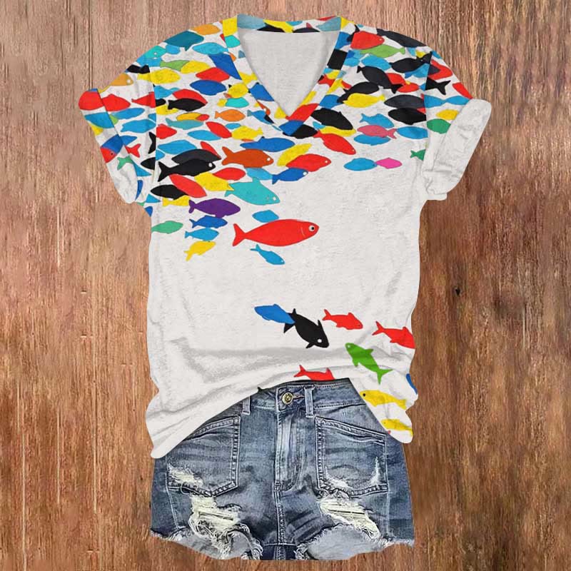 Vintage Colorful Ocean Fish School Art Print V-neck T-shirt - Light Gray - US32-34(5XL) - image 1