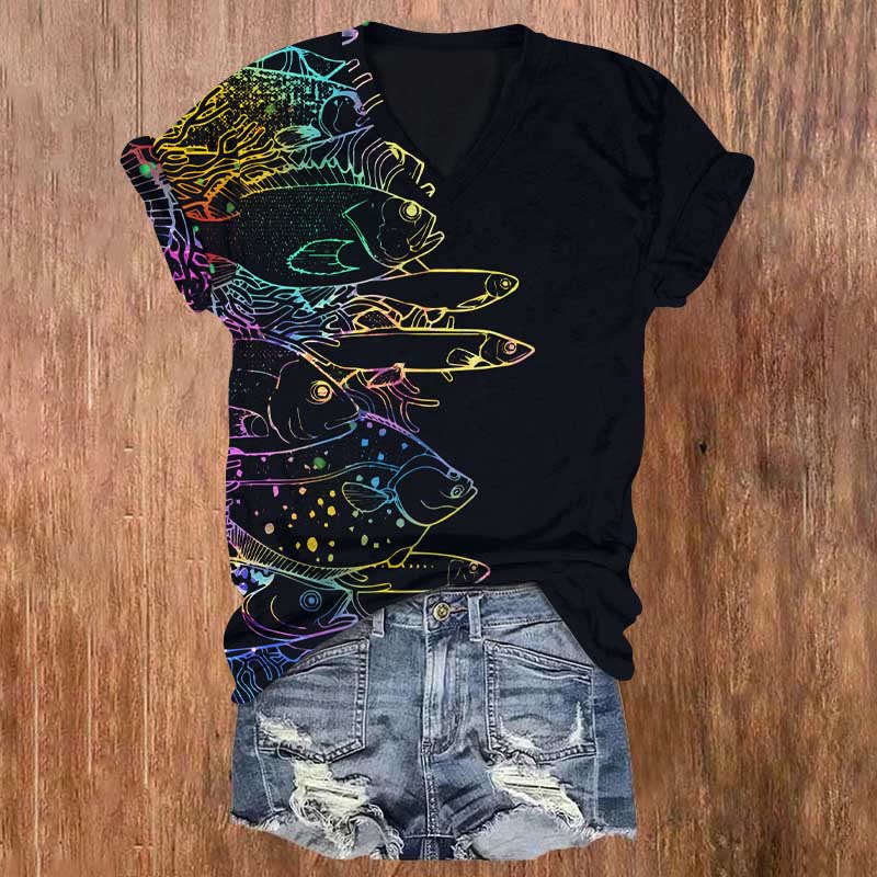 Funny Colored Sketching Fish Art Print V-neck T-shirt - Black - US32-34(5XL) - image 1