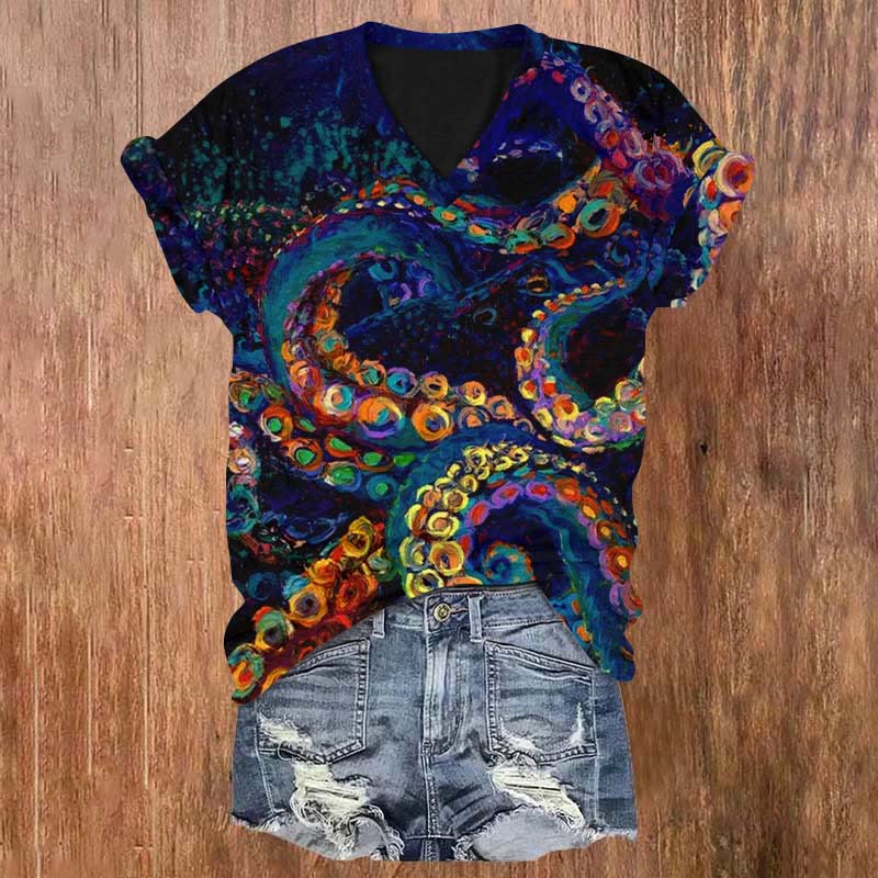 Mysterious Rainbow Octopus Tentacles Art Print V-neck T-shirt - Multicolor - US32-34(5XL) - image 1
