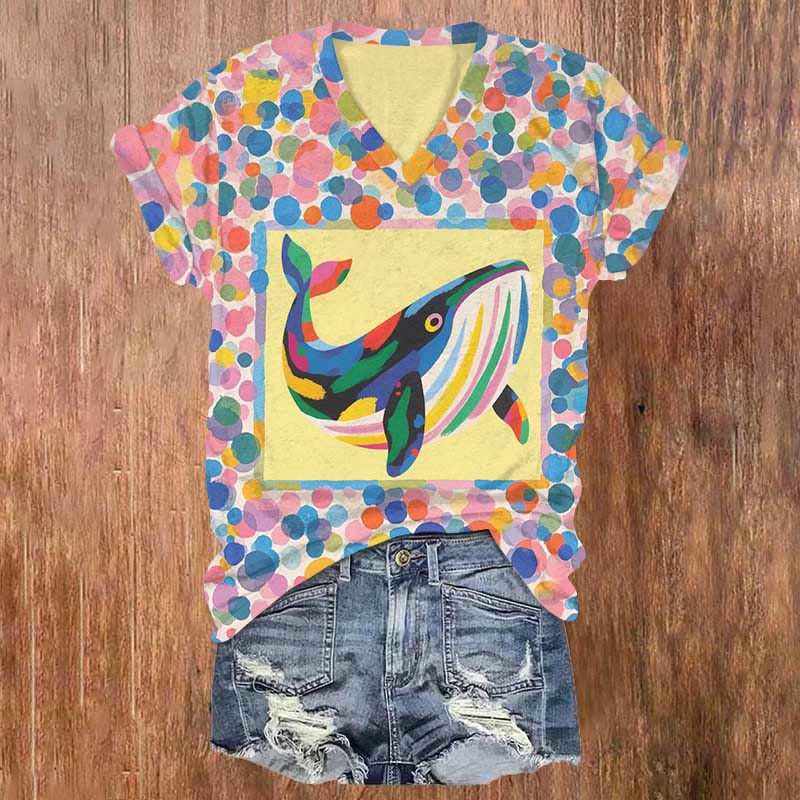 Vintage Rainbow Bubble & Lovely Whale Art Print V-neck T-shirt - Multicolor - US32-34(5XL) - image 1
