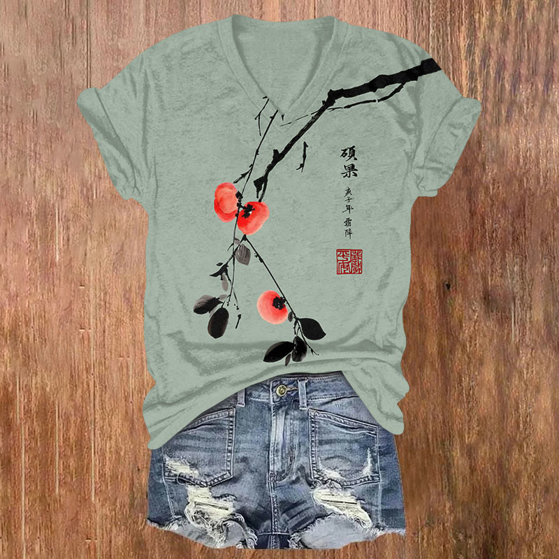 Vintage Persimmon Tree Art T-shirt - Mint - US32-34(5XL) - image 1