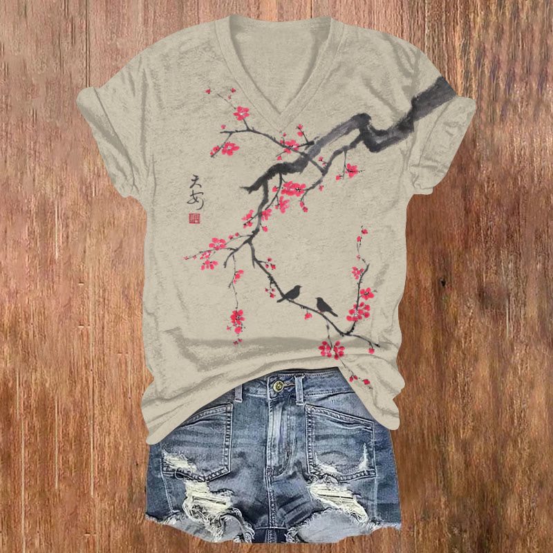 Vintage Peach Blossom Tree Art T-shirt - Khaki - US32-34(5XL) - image 1