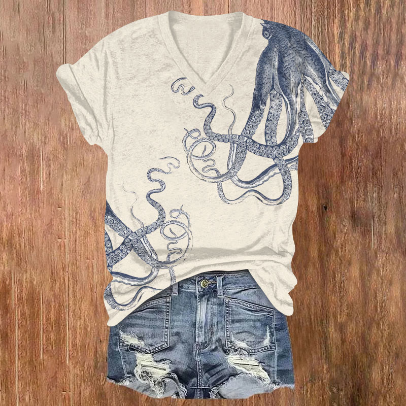 Vintage Ocean Elegant Octopus Art T-shirt - Apricot - US32-34(5XL) - image 1