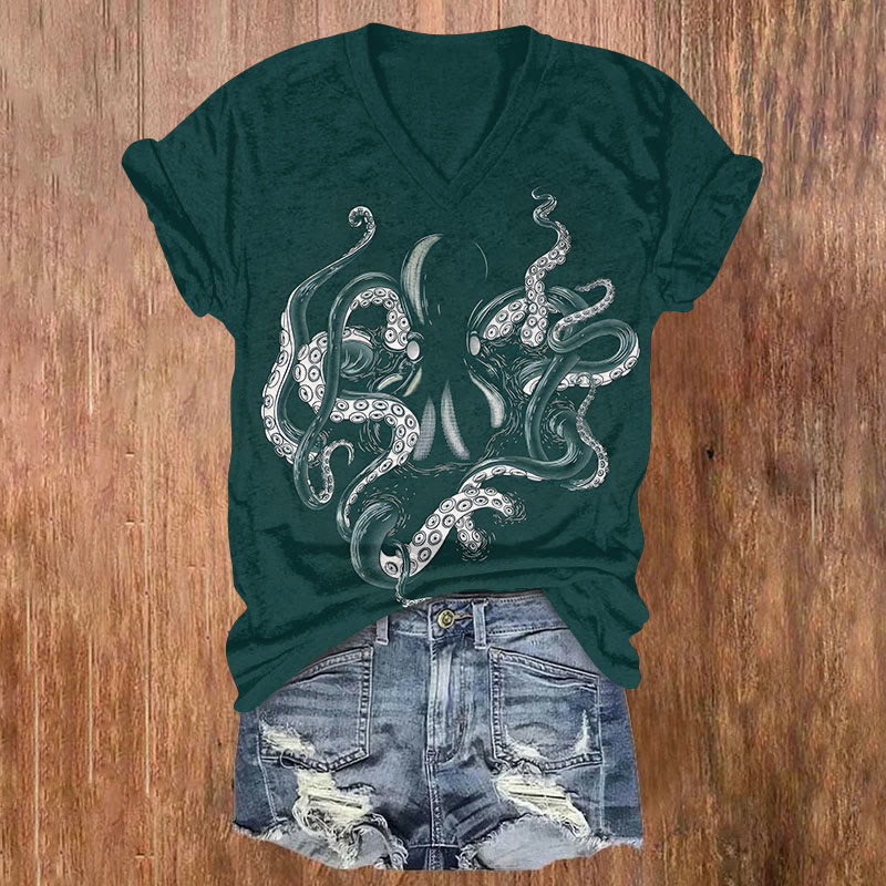 Vintage Mystical Octopus Art T-shirt - Dark Green - US32-34(5XL) - image 1