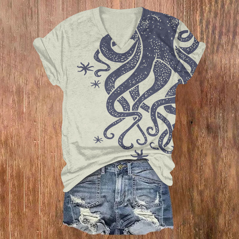Vintage Spotted Octopus & Starfish Art T-shirt - Light Gray - US32-34(5XL) - image 1